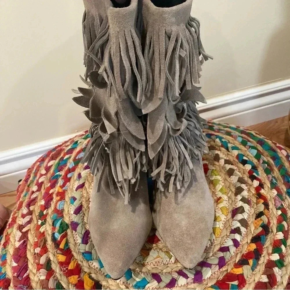Mojo Moxy taupe beige fringe heeled  boots